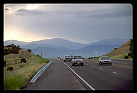 On the road to Los Alamos (New Mexico), looking back to the Sangre de Christo mountains.
