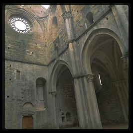 The ruined abbey of San Galgano, between Rome and Florence