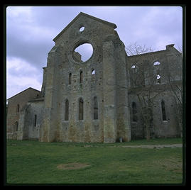 The ruined abbey of San Galgano, between Rome and Florence