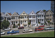 The Painted Ladies Victorian houses of Alamo Square, sometimes referred to as Postcard Row because of the backdrop of downtown skyscrapers.