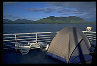 Tents pitched on the deck of an Alaska Marine Highway ferry.