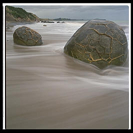 Two of the Moeraki Boulders on the east coast of the South Island of New Zealand