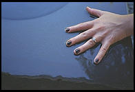Chere's hand in a fountain at the Isamu Noguchi Garden Museum, Long Island City, Queens, New York